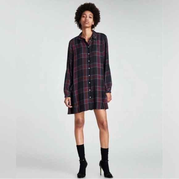 ZARA Plaid Button-Up Mini Shirt Dress With Pockets Size XS - Picture 1 of 5